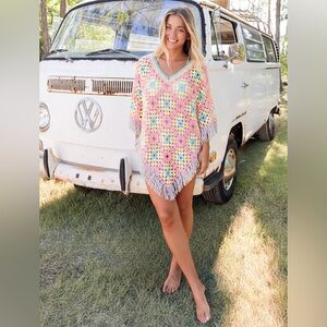 Handmade Crocheted Granny Square Fringed Poncho, OSFA